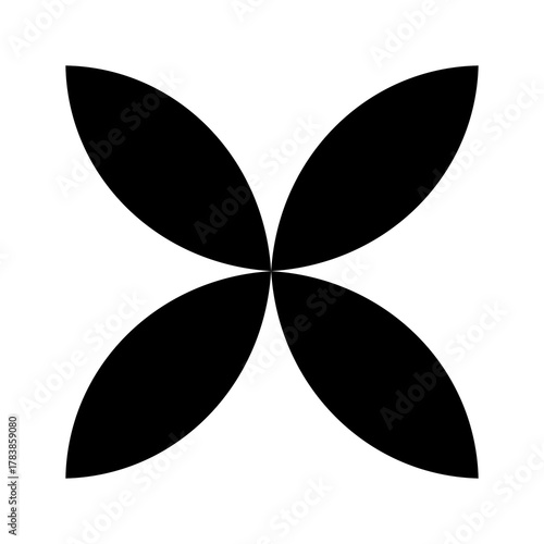 Minimalist geometric four-petal flower icon isolated on a white background. Symmetrical abstract shape for logo design, representing a four-leaf clover or star symbol