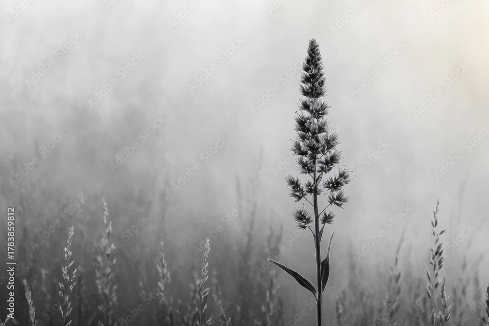 Obraz premium Striking monochrome capture of a unique plant silhouette against a foggy field, evoking peace and solitude.