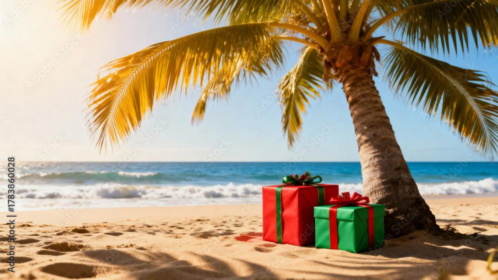 Obraz premium Christmas gifts under palm tree on tropical beach at sunrise