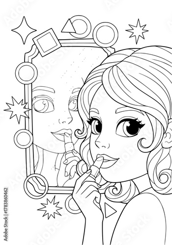 The girl puts lipstick on her lips. coloring book