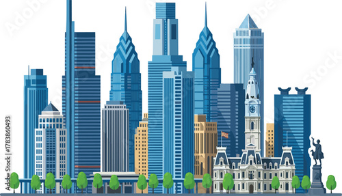 Philadelphia skyline illustration, Liberty Place towers, Comcast Technology Center, historic City Hall, urban architecture, modern skyscrapers, cultural landmark artwork, 