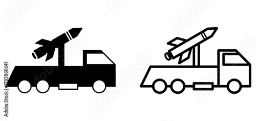 Missile launcher truck icons in solid and outline styles. Vector illustration representing military vehicle, defense system, rocket launch, war technology, and army equipment concept.