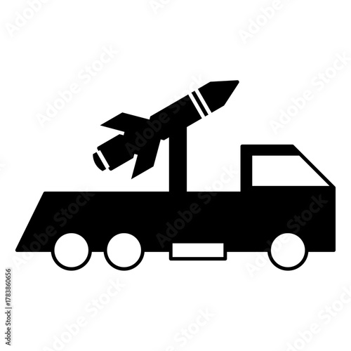 Missile launcher truck icon in black silhouette style. Vector illustration representing military vehicle, defense system, rocket launch platform, war equipment, and army technology.