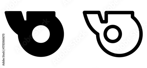 Turbocharger icon set in solid and outline styles. Vector illustration of mechanical turbine symbol representing engine performance, automotive technology, air intake, and speed concept.