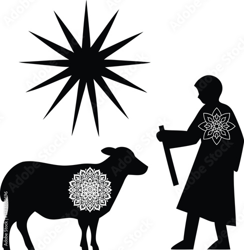 Silhouette of a shepherd with a sheep and a starburst sun