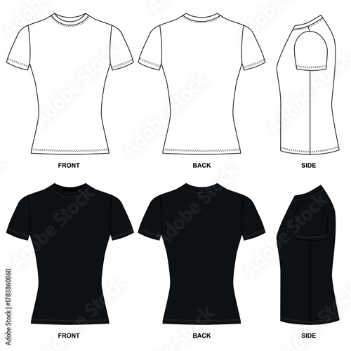 vector illustration of t shirt template. A set of simple basic T-shirts, front, back, and side views. Short-sleeved jersey in white and black.