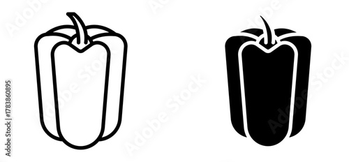 Bell pepper or capsicum icon set in outline and solid styles. Vector illustration representing fresh vegetables, organic food, healthy eating, nutrition, agriculture, and cooking ingredients.