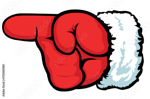 Santa hand in mitten pointing direct. Santa Claus show direct index finger. Christmas vector template design concept poster or greeting card on transparent background