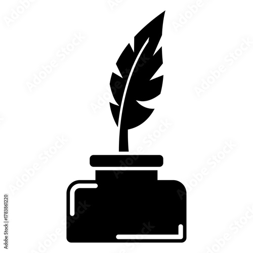 Quill and ink bottle icon. Vector illustration representing writing, literature, calligraphy, creativity, poetry, authorship, traditional communication, and historical writing tools concept.