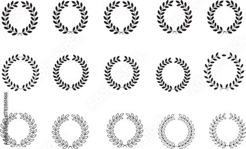 Laurel Wreath Vector illustration. Set black silhouette circular laurel foliate, wheat and oak wreaths depicting an award, achievement, heraldry, nobility on white background.