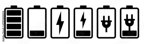 Battery charging level icon set. Vector illustration of batteries showing full, low, and charging states with plug and lightning bolt symbols. Perfect for tech, energy, and mobile interface design.