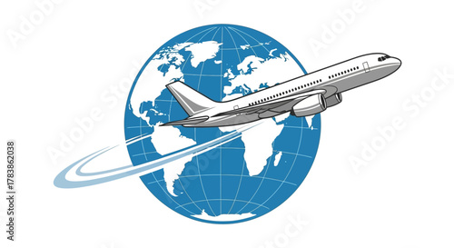 An airplane flying around the world, representing global travel and transportation.