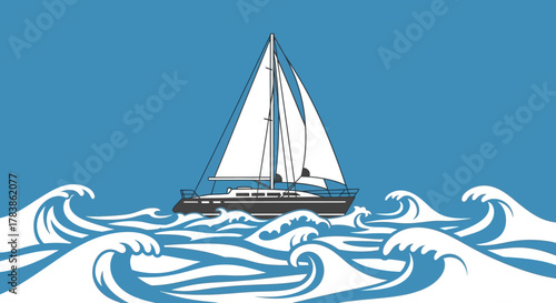 A white sailboat navigates through choppy blue waters with large white waves.
