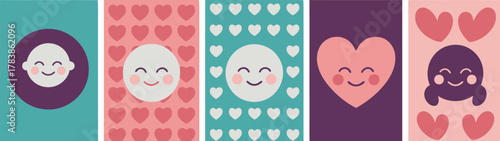 Adorable Emoticons and Hearts in Pastel Colors Ideal for Valentines Day and Greeting Cards