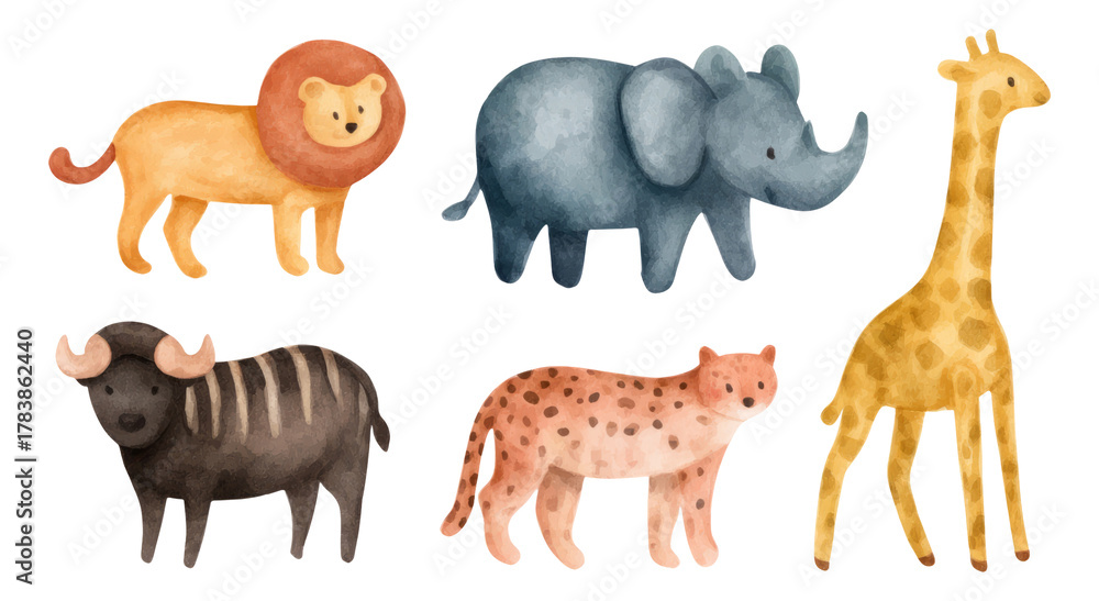 Fototapeta premium Whimsical Watercolor Animals Including Lion, Elephant, Giraffe, Leopard, and Buffalo