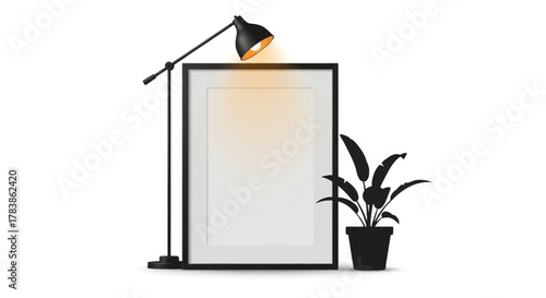 Minimalist interior design mockup with an illuminated floor lamp, blank picture frame for art, and potted plant. Ideal for showcasing creative visuals