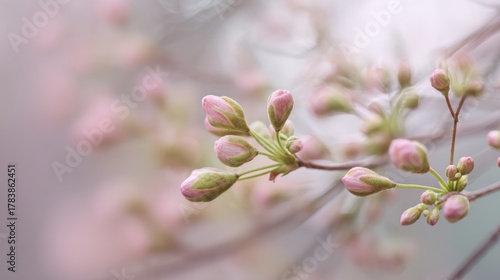 Delicate pink buds hint at the arrival of spring surrounded by soft blurred colors in a serene garden.