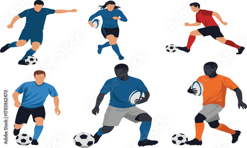 Soccer and rugby players illustration, colorful uniforms vector, athletes with ball, dynamic sports action design, teamwork competition art, athletic movement icons set