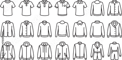 Assortment of outline drawings of various tops and jackets for men and women Keywords: clothing, apparel, fashion, tops, shirts, t-shirts, polo shirts