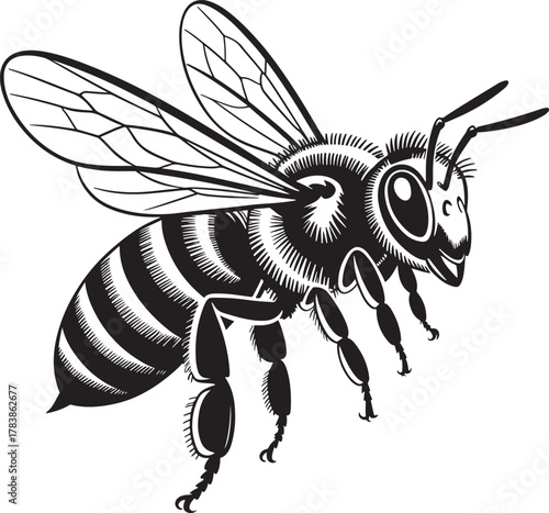Black and White Illustration of a Honey Bee in Flight insect flying