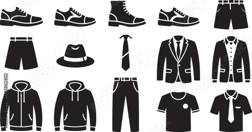 Black silhouette icons of men's clothing and accessories on a white background Keywords: clothing, apparel, fashion, men's fashion, shoes, sneakers