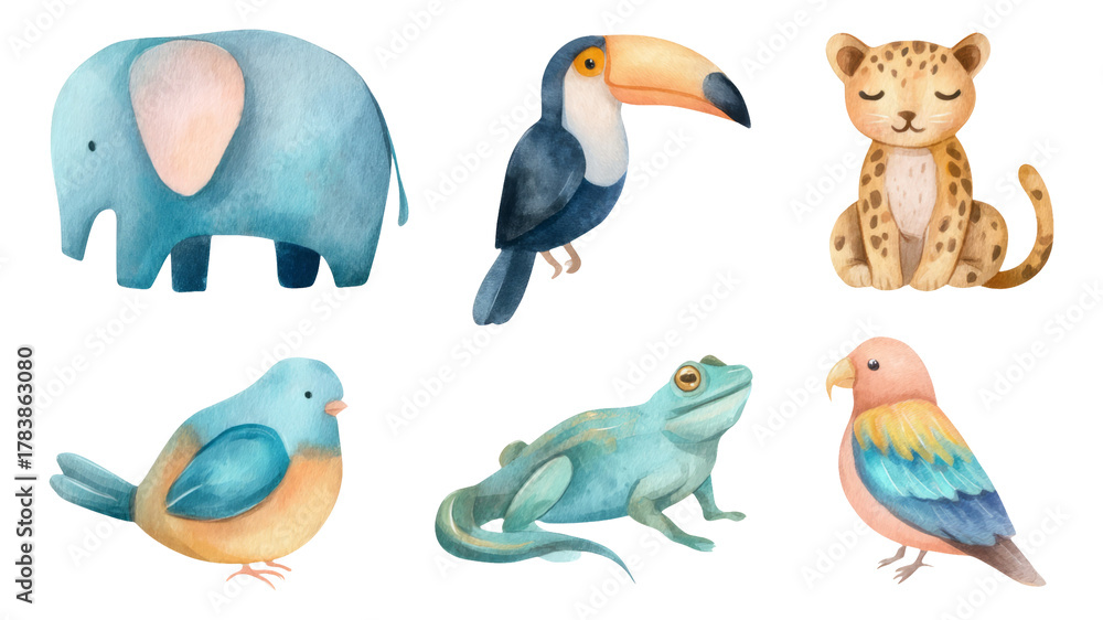 Naklejka premium Colorful Watercolor Animals Collection with Elephant, Toucan, Leopard, and More