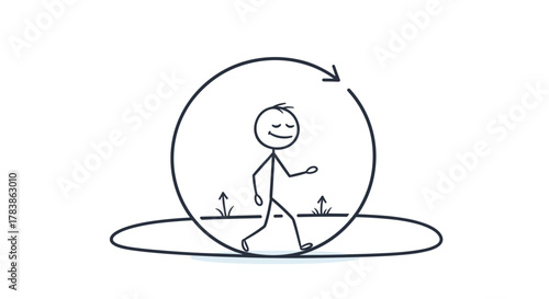 A simple animated drawing of a stick figure person walking inside a large circle with arrows indicating movement.