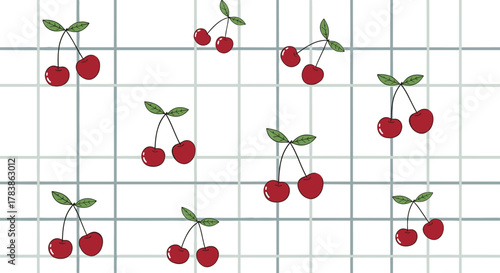 A charming pattern of fresh red cherries scattered across a subtle grid background for a delightful aesthetic.