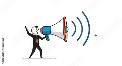 A stick figure man in a suit enthusiastically shouting into a megaphone to spread a message.