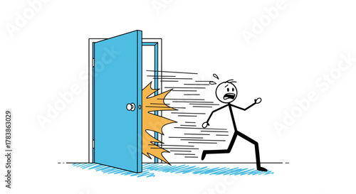 A cartoon stick figure is shown running out of an open door with a surprised expression on his face.