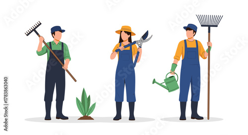 A group of three gardeners holding tools for gardening and landscaping.