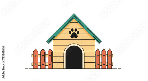 A charming wooden dog house with a green roof and a playful paw print emblem stands behind a quaint wooden fence.