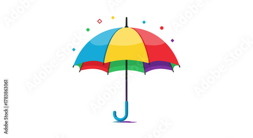 A vibrant colorful umbrella protecting from rain with sparkling confetti above.