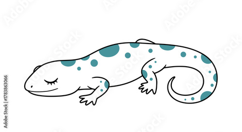 A cute cartoon drawing of a salamander with closed eyes and teal spots. .