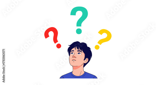 A young person looks up at colorful question marks floating above their head. This image represents confusion, contemplation, and the search for answers to life's many mysteries.