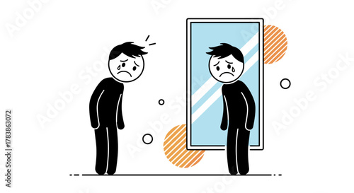 A sad stick figure looking into a mirror and seeing a sad reflection of itself.