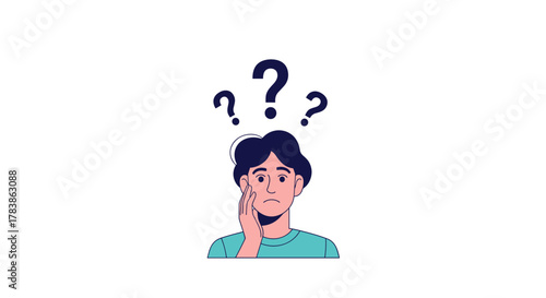 A thoughtful young person pondering life's biggest questions while surrounded by question marks.