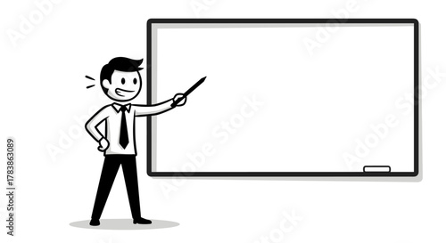 A cartoon man in a suit pointing at a blank whiteboard during a presentation.