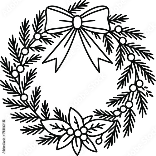 A simple black and white drawing of a festive holiday wreath design