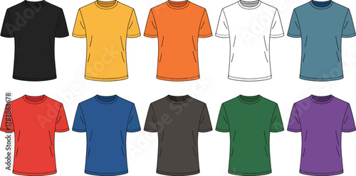 Collection of ten different colored t-shirts displayed in two rows on a white background Keywords: t-shirt, shirts, clothing, apparel, fashion, casual