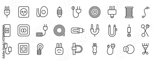 Modern electrical line icons showcasing plugs, sockets, and cords for sleek technology and DIY projects, ideal for minimalist designs and technical illustrations