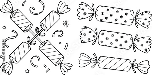 Black and white illustration of party poppers with festive decorations