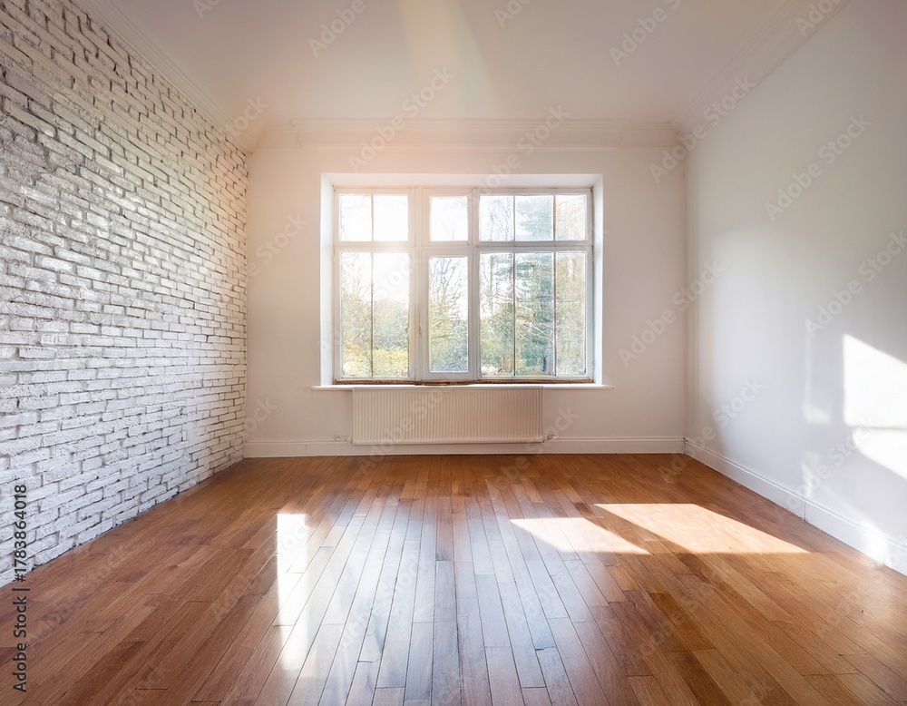 Fototapeta premium bright empty room with white brick walls and light wood floor sunlit and clean