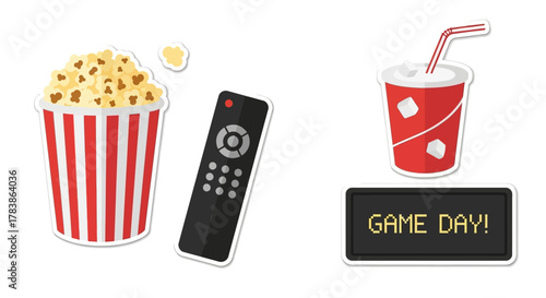 Vector graphic collection for home entertainment popcorn, TV remote, refreshing soda, and a "Game Day" sign, perfect for movie or sports viewing at home