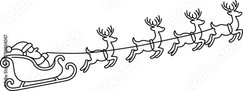 A simple line drawing of santa claus and his reindeer flying