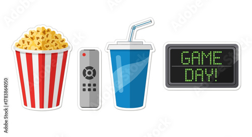 Vibrant Vector Collection of Game Day Essentials Popcorn, Soda Drink, Remote Control, and a Luminous 'Game Day!' Sign, Perfect for Sports Event Viewing