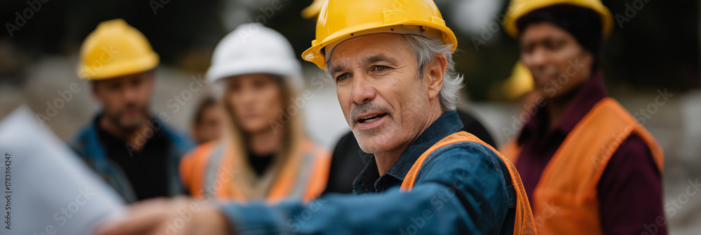 Fototapeta premium A construction leader engages with his team in a briefing, emphasizing safety and planning strategies for their ongoing project at an active work site.