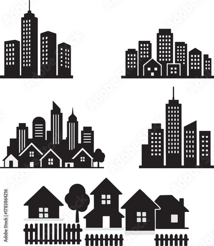 Collection of black silhouette cityscapes and residential neighborhoods with buildings and houses