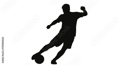Dynamic black silhouette illustration of a male soccer player in mid-action, powerfully kicking a football, perfect for sports branding, athletic event promotion, or team logo design
