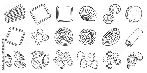 Delicious assortment of pasta shapes, perfect for Italian cooking illustrations and food design projects or restaurant menus, creating a culinary masterpiece